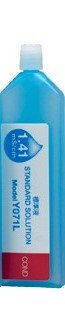 Horiba 1413 μS/cm conductivity standard solution close-up of bottle, label with calibration value, 14 ml bottle, calibration solution for pocket tester, water analysis