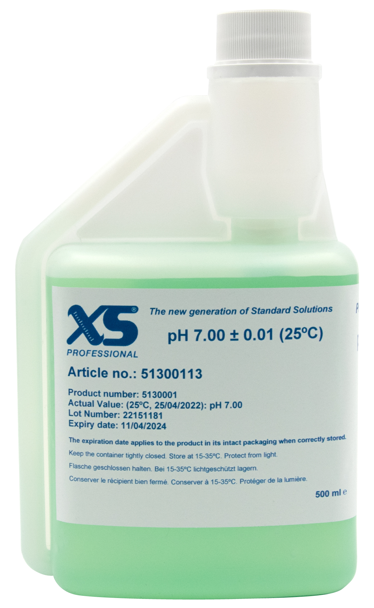 XS Professional pH 7.00, Frontansicht der 500ml Pufferlösung, mit DAkkS Kalibrierzertifikat