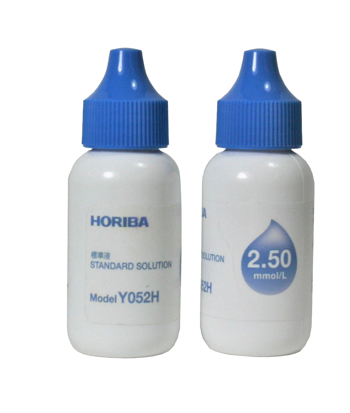 Horiba iCa standard solution Y052H, two bottles with blue caps, calibration for Ca-11C tester and concentration 2.50 mmol/L for iCa (ionised calcium)