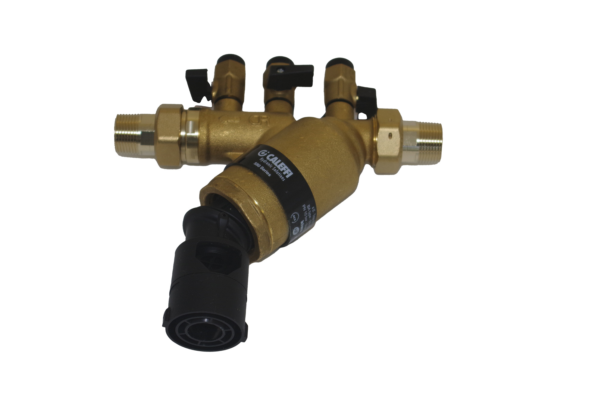 Cartridge system separator, brass, full view, for cabinet-type water softening systems