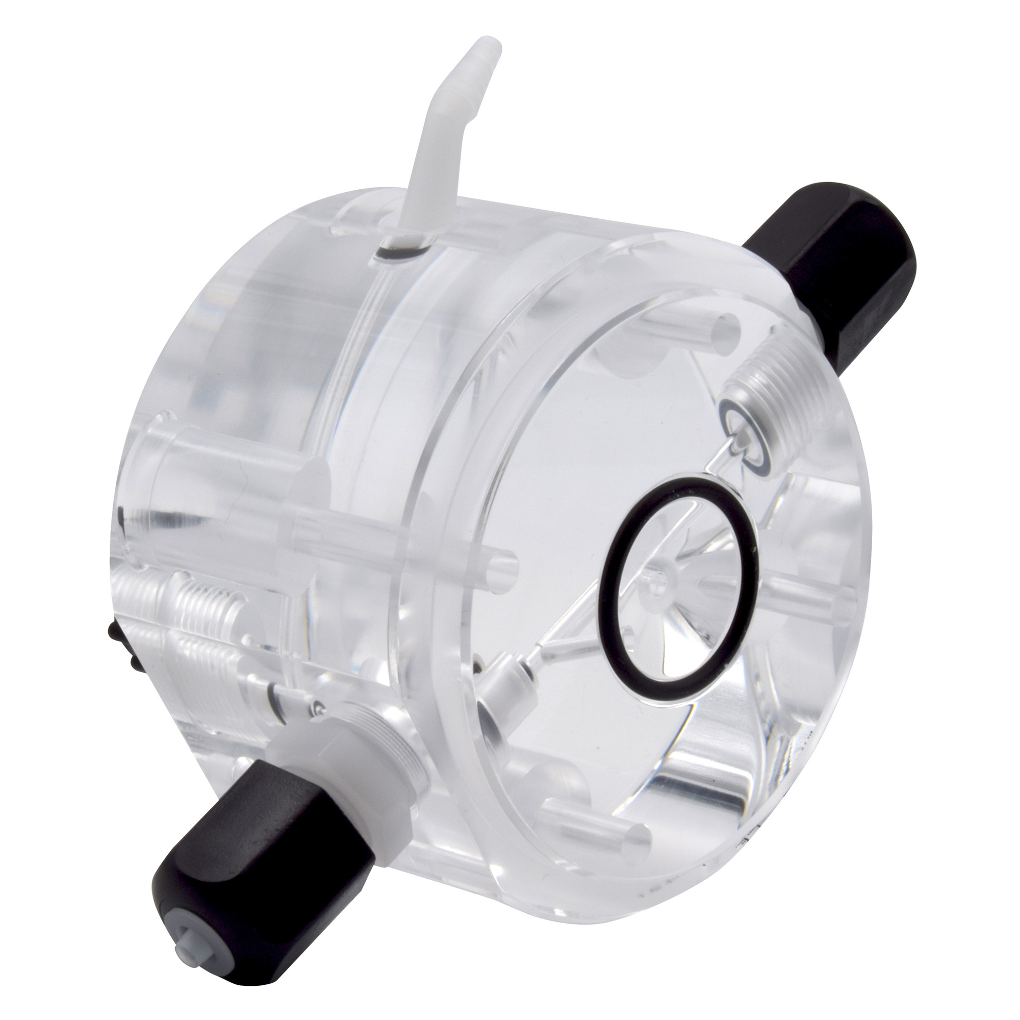emec PRISMA Serviceset I, seitliche Perspektive, PMMA-Pumpenkopf mit Viton-Dichtung, PTFE-Membrane