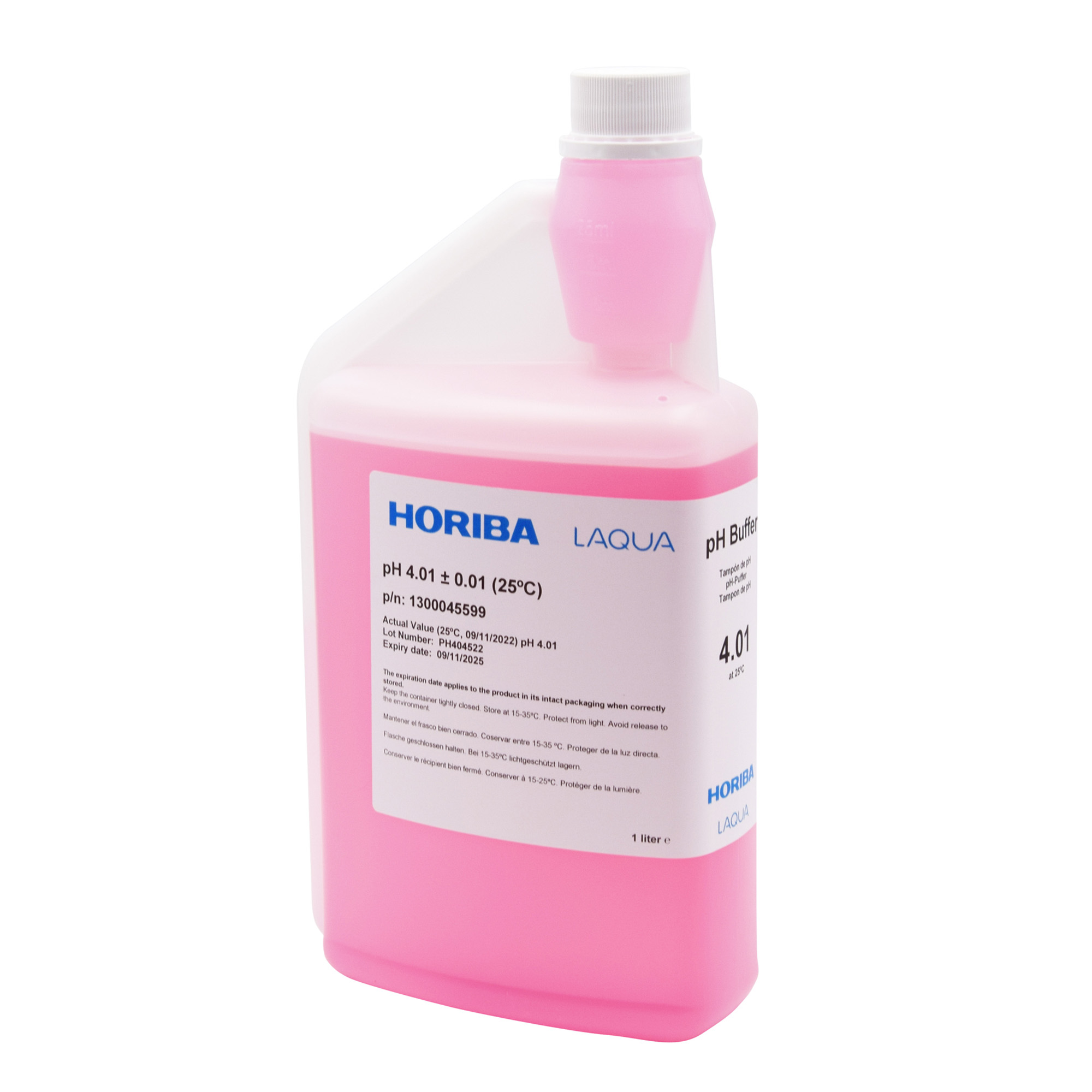 HORIBA pH 4.01 Pufferlösung 1000 ml rosa Flüssigkeit, seitliche Etikettansicht, Hygieneschlauchverschluss