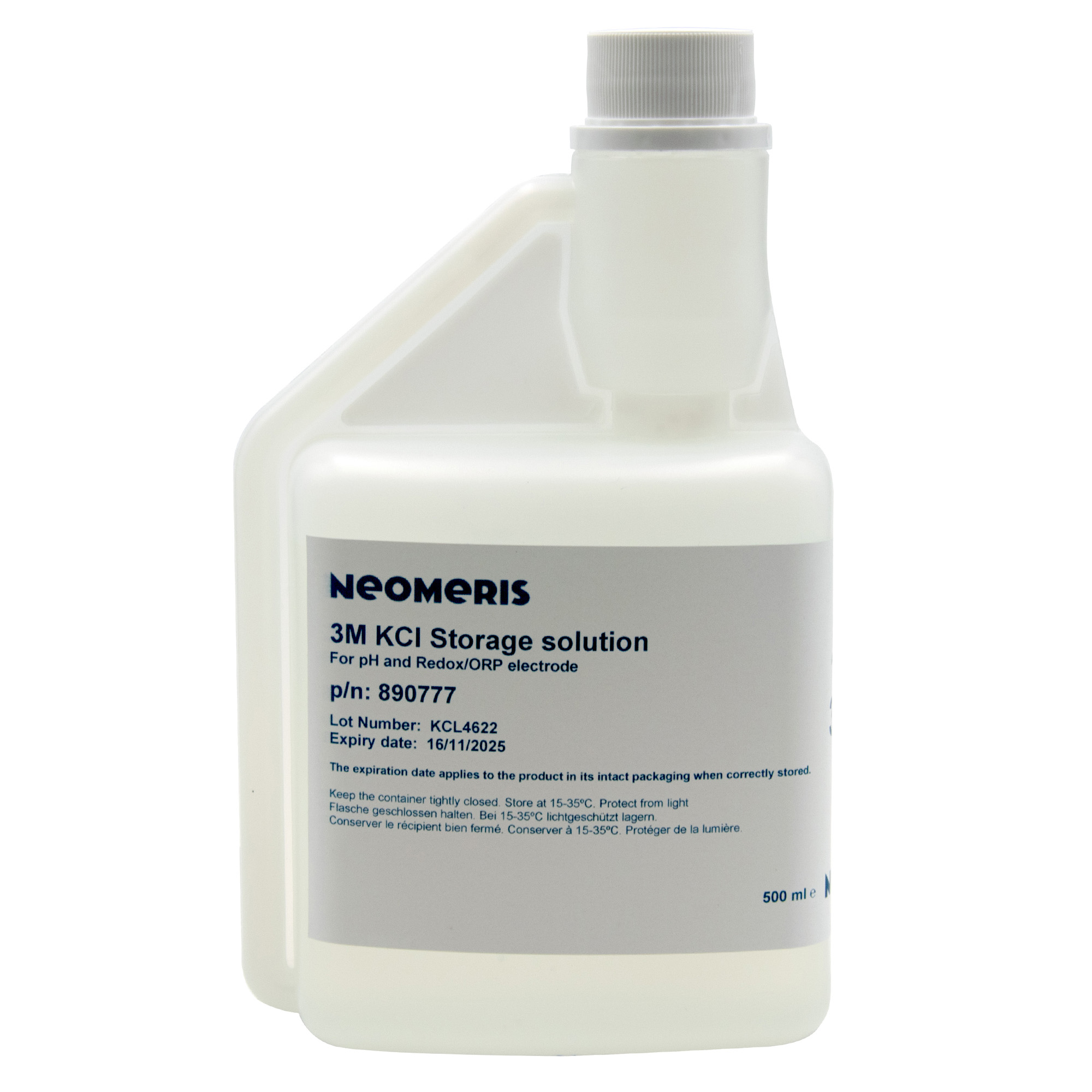 Aufbewahrungslösung für pH und Redox Elektroden, Neomeris Flasche mit englischem Etikett