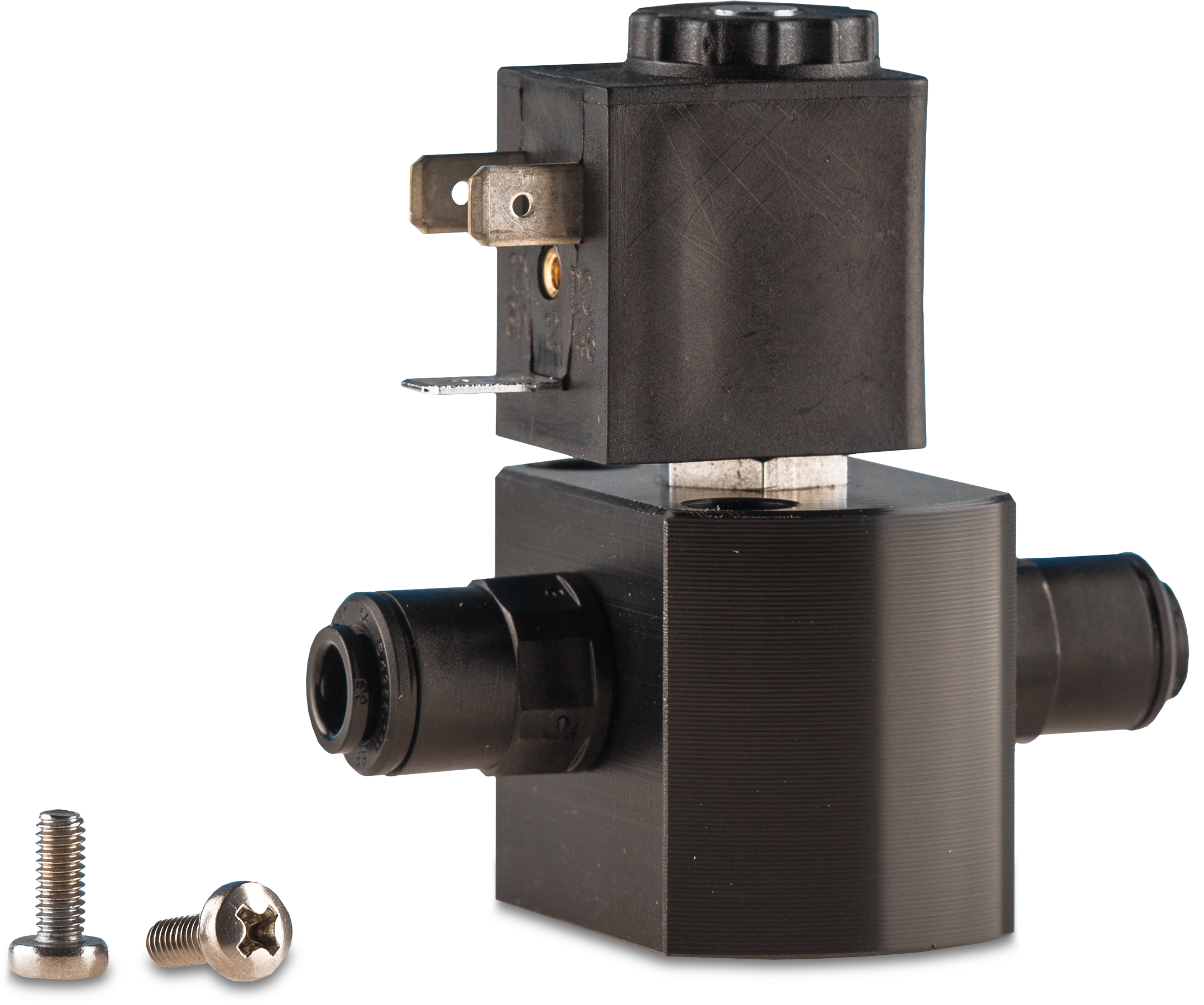 Solenoid valve for the Testomat 808, spare part, front view with screws on the left