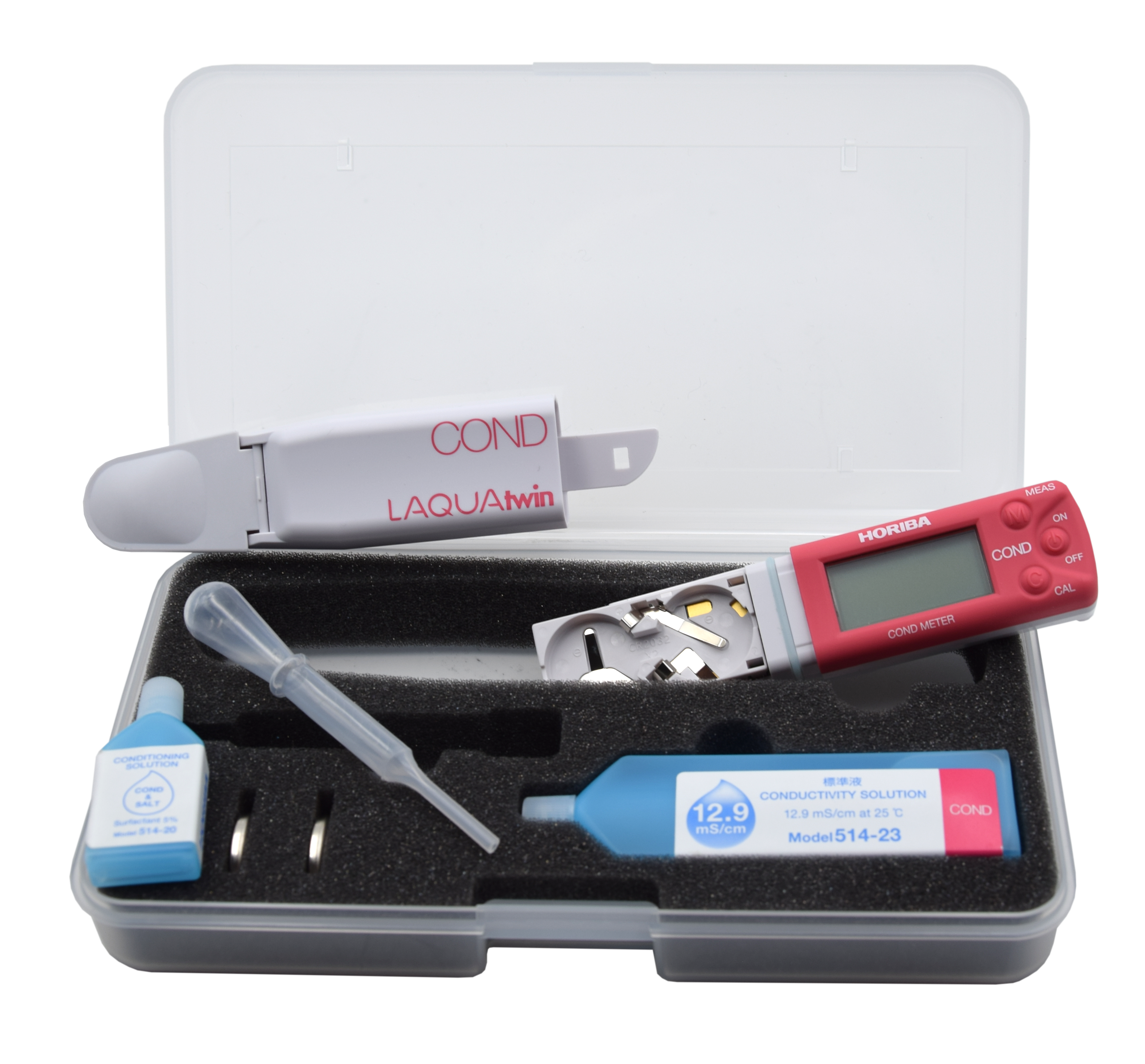 Horiba LAQUAtwin Leitfähigkeit, TDS, Temperatur Multiparameter Tester (EC-33) im geöffneten Koffer, inklusive Kalibrierlösungen und Batterien