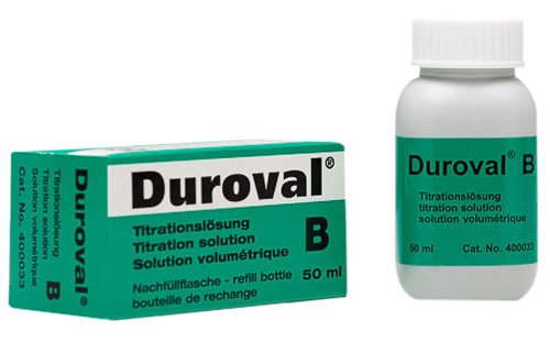 DUROVAL® B Titrationslösung Nachfüllpackung DUROVAL B Titrationslösung, Nahaufnahme Flasche mit Etikett, Nachfüllpackung für DUROVAL B Testbesteck, Flüssiges Analysemittel zur Wasserhärte, Kompakte Messlösung 50 ml