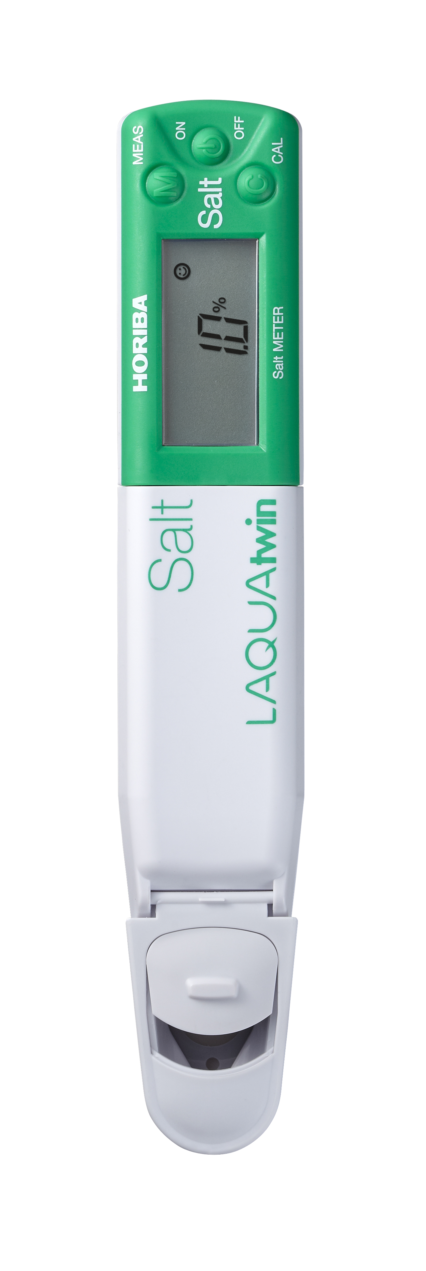 LAQUAtwin Salzgehalt Tester  halb offen, grün und weiß