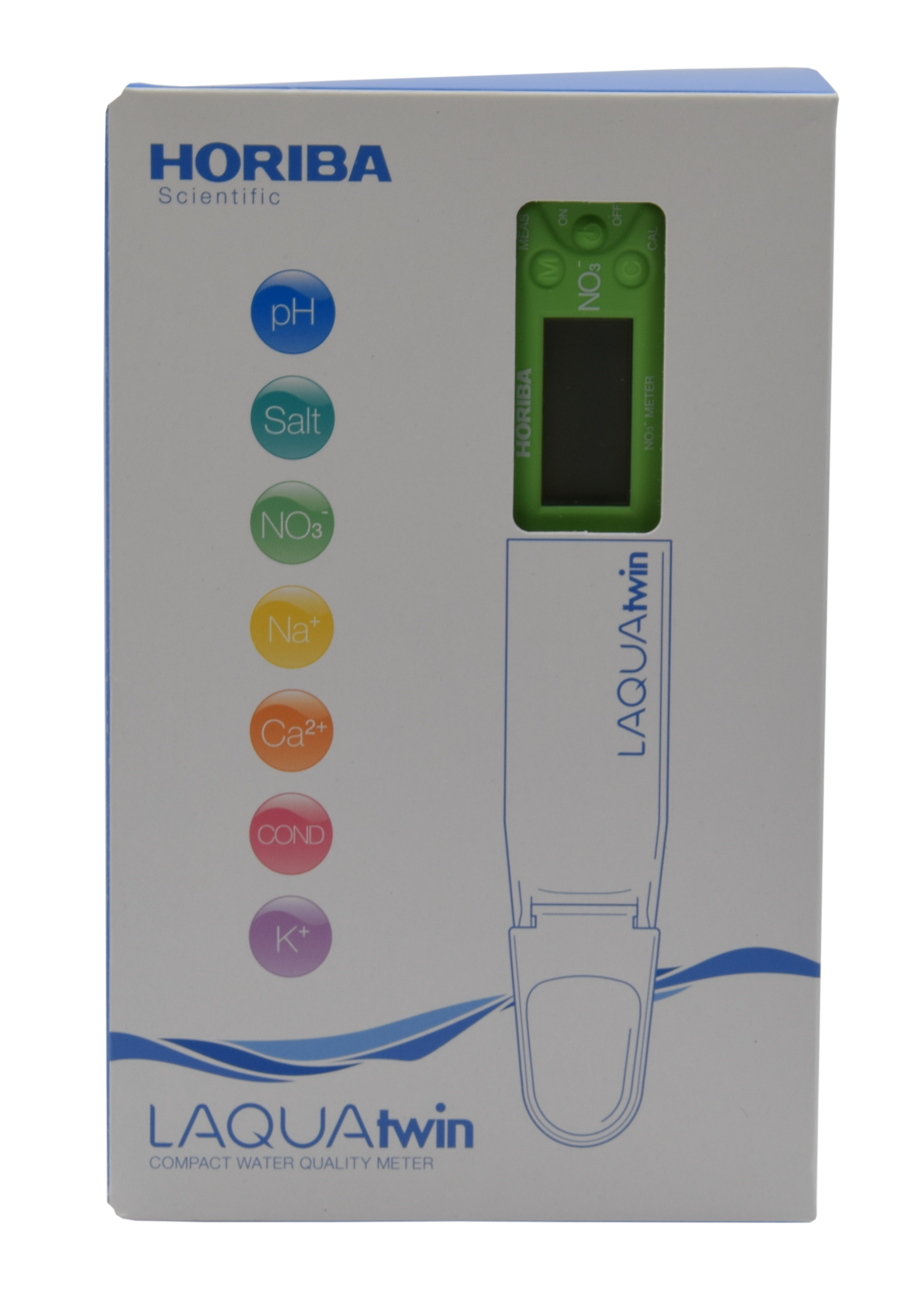 Horiba NO3 11 tester retail packaging, blister pack with viewing window revealing the device, front and display visible, ideal for retail.