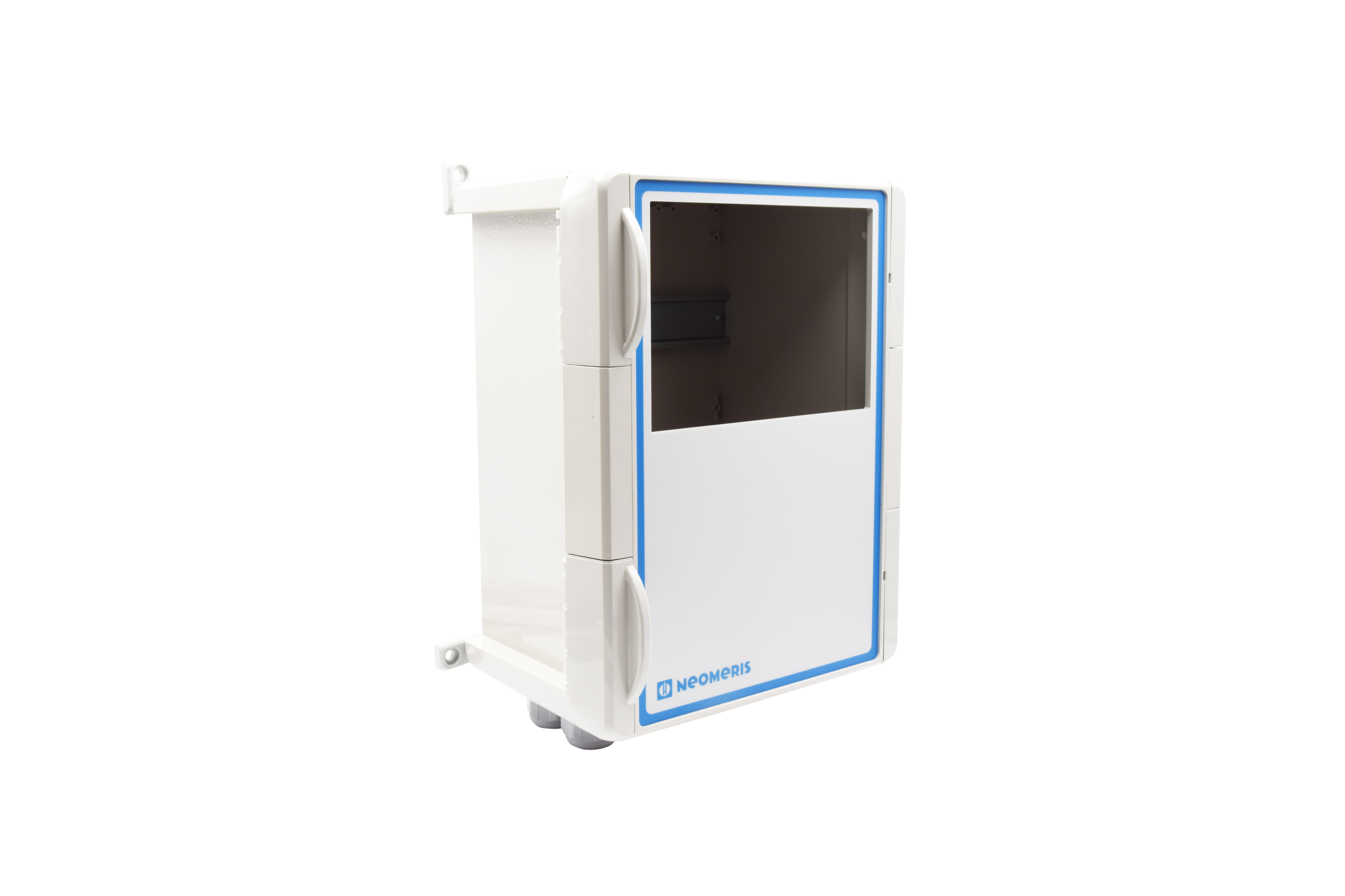 NeoTecMaster® Gehäuse IP66 für 5" Display, Lichtgrau NeoTecMaster Gehäuse IP66 für 5 Zoll Display, diagonale Perspektive, lichtgraues Kunststoffgehäuse, Schutzklasse IP66