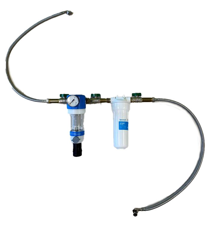 NeoPureMini Vorfilterstufe Basis, kompakte Frontansicht mit manueller Rückspülklappe und Aktivkohlefilteranschluss