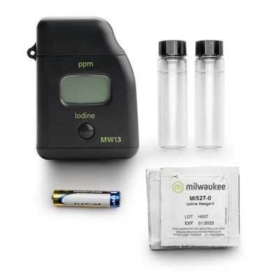 Milwaukee MW13 Digital Iodine Tester with accessories, device and reagents visible, compact design, handy photometer, iodine tester for water analysis
