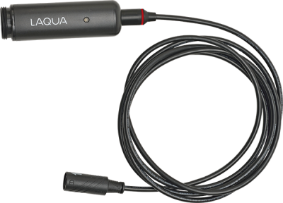 Horiba LAQUA 300‑C‑2 Kabel mit digitalem Sensorkopf, Frontansicht, schwarze Ummantelung, Kabelspirale, steckbarer Sensoranschluss, 2m Kabel