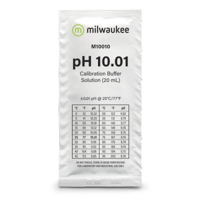 Milwaukee M10010B pH 10.01 calibration solution bag front, 25 bags of 20 ml each, calibration solution pH 10.01 for precise pH measurement, Milwaukee pH 10 calibration solution in a practical bag, pH 10 reference solution for calibrating measuring devices