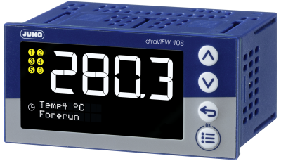 JUMO diraVIEW 108 (Querformat 96 x 48 mm, 1 x Analogeingang, 2 x Relais, 1 x DI, 1 x DI / DO)