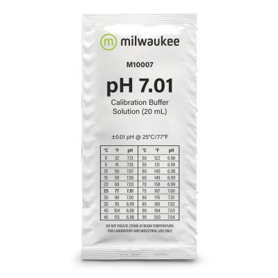 Milwaukee M10007B pH 7.01 calibration solution bag front, 25 bags of 20 ml visible, calibration solution pH 7.01 for accurate measurements
