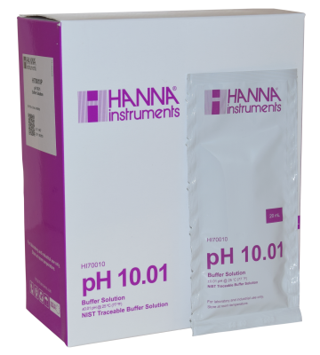 HANNA pH 10.01 calibration solution, bag with temperature value shown before packaging unit